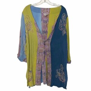 Soft Surroundings  Batik Rayon Tunic Top Women L Green Blue Purple Button Front